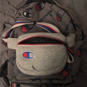 Champion Gray Backpack with Blue and Red Accents